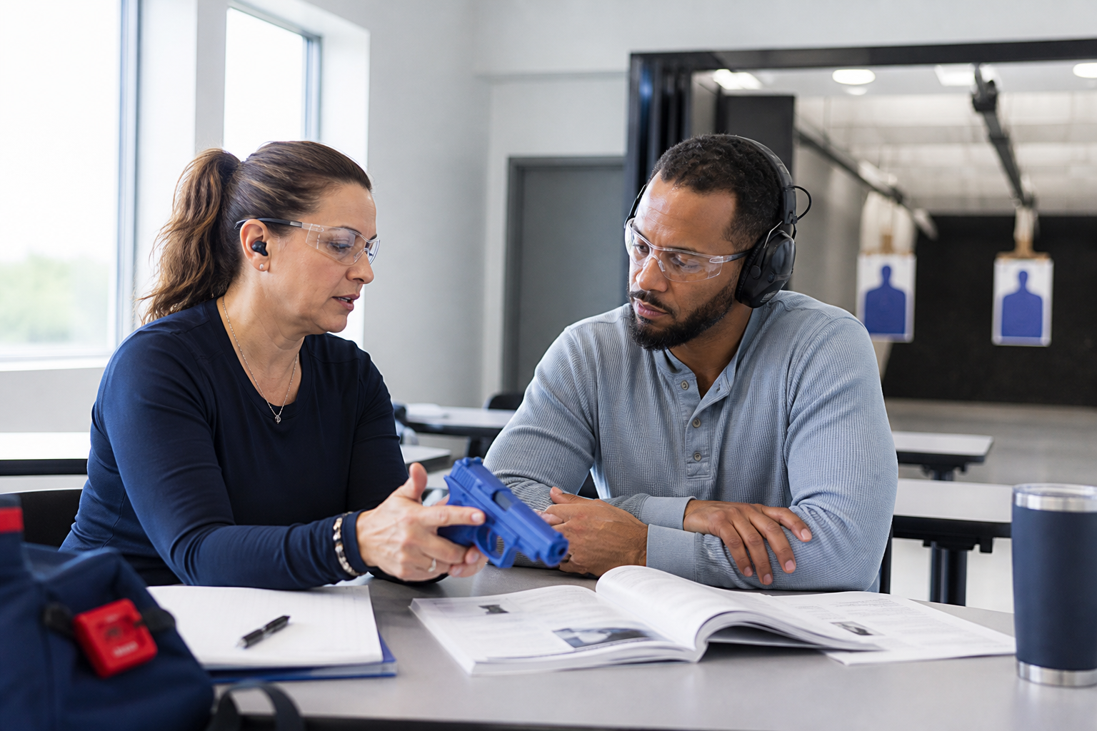 A professional instructor teaching an adult student safe handling with a blue training replica